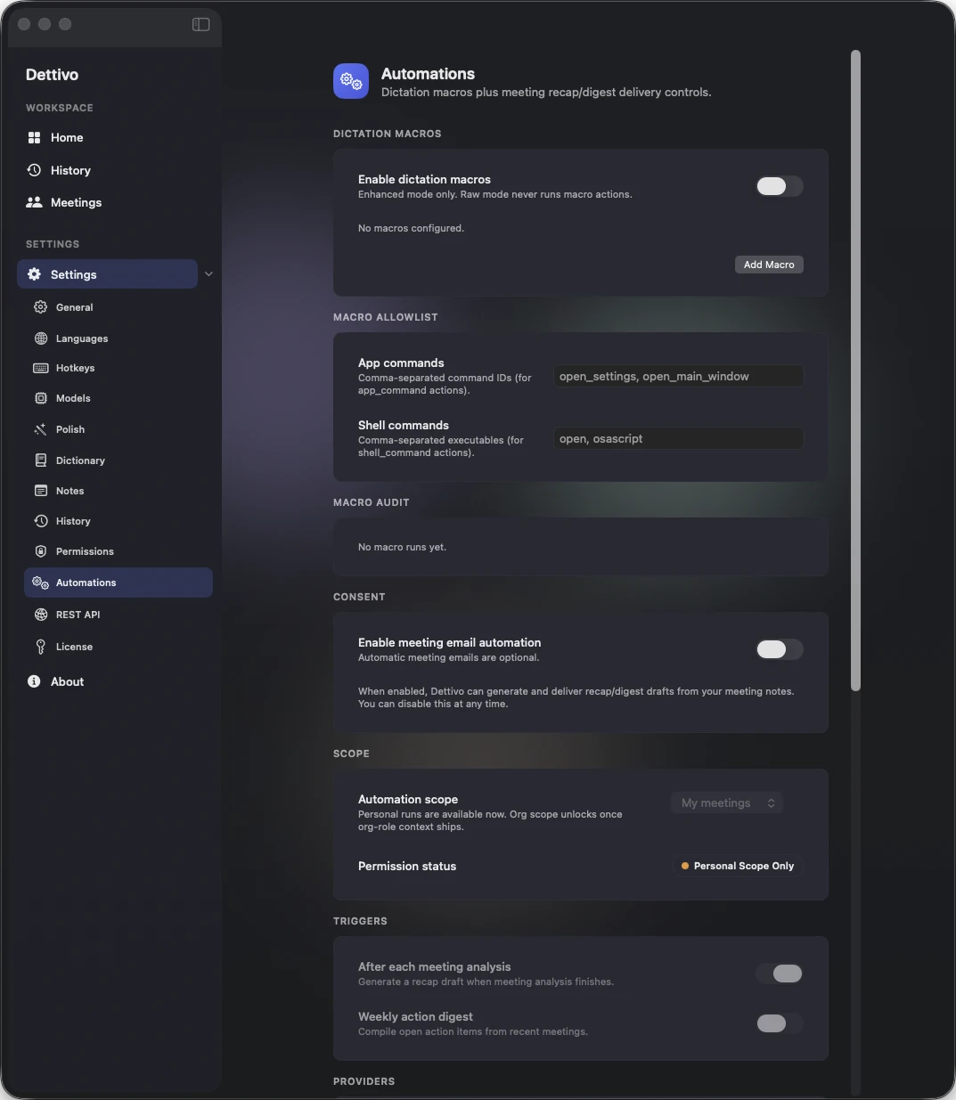 Dettivo Settings › Automations pane: dictation macros toggle, app command allowlist, shell command allowlist, shared audit log, meeting recap email automation toggle, automation scope and triggers.
