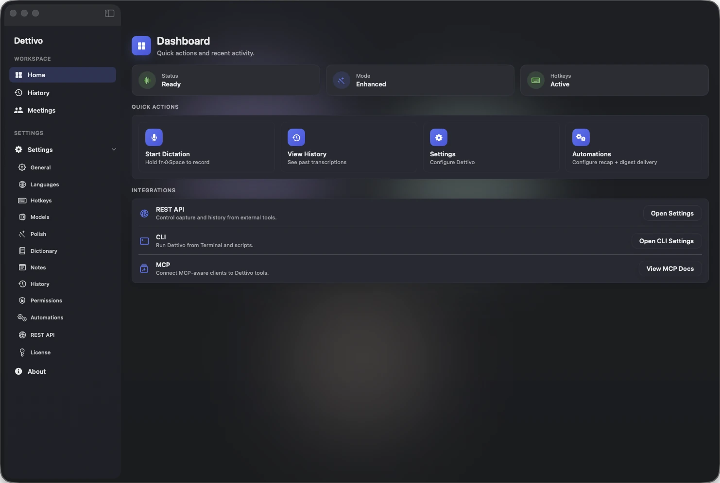 Dettivo dashboard showing Ready status, Enhanced mode, Active license, and Quick Actions for Start Dictation, View History, Settings, and Automations.