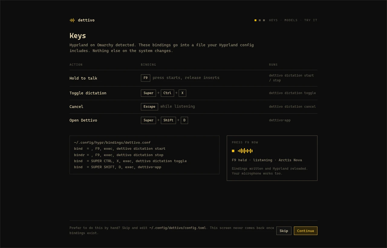 The Keys screen: the F9 hold binding, the toggle and cancel chords, and a live confirmation of the key press