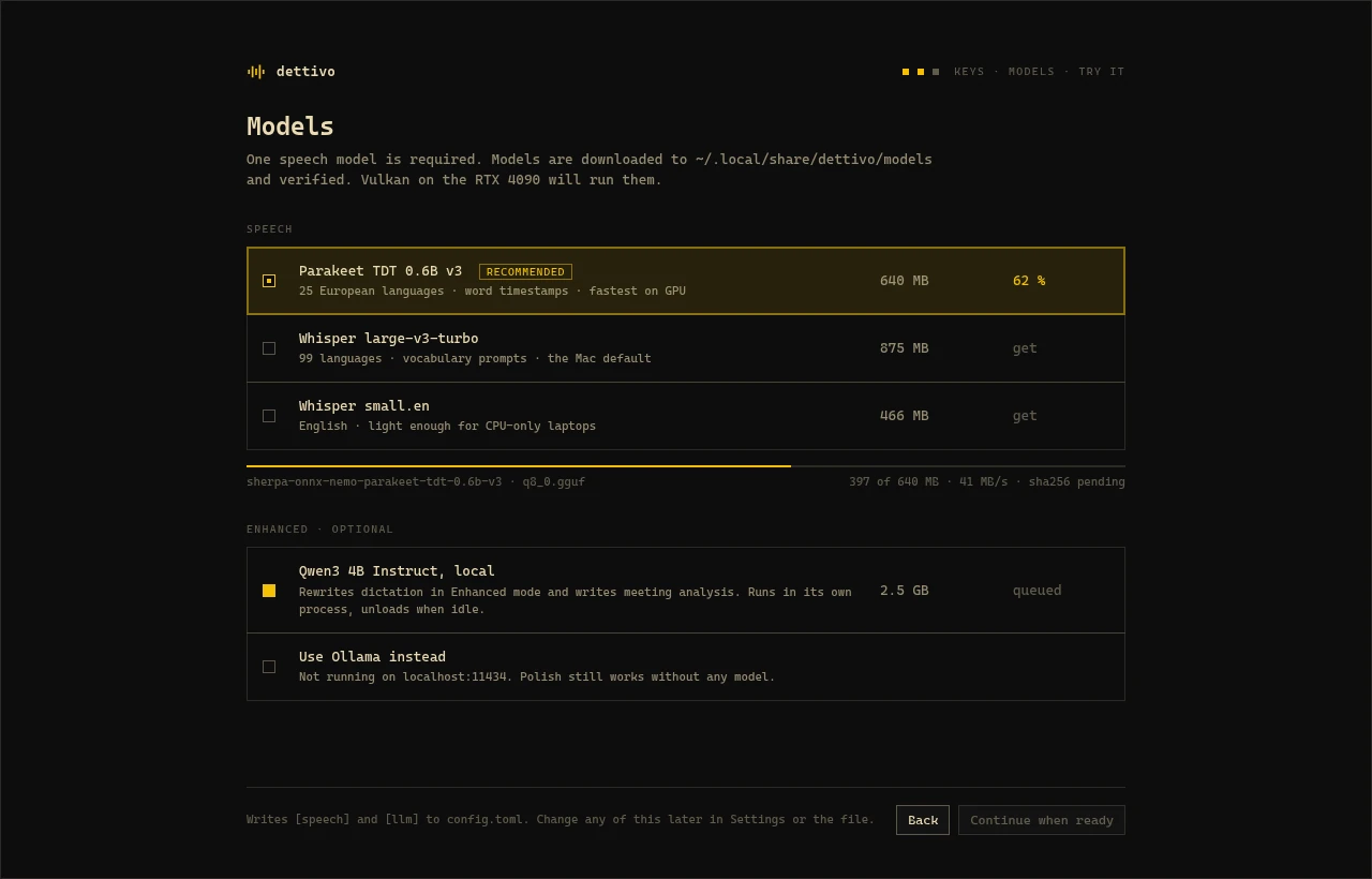 The Models screen: Parakeet v3 recommended and downloading, with Whisper models and an optional local language model below