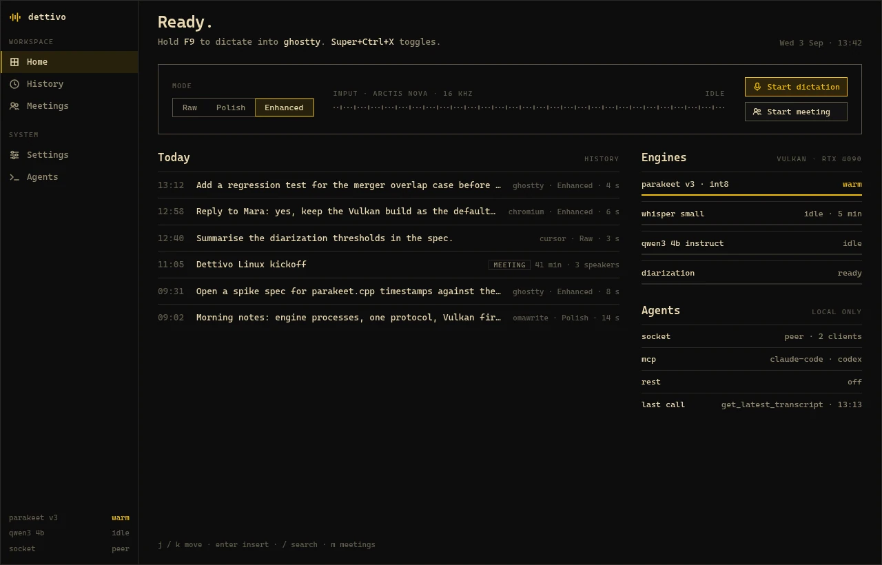 Dettivo for Linux Home: today's dictations, the mode switch, the engines on Vulkan and the connected agents