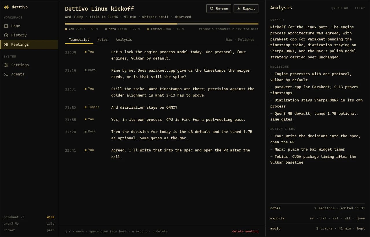 A finished meeting: the transcript with You, Mara and Tobias, their talk time, and a summary with decisions and action items
