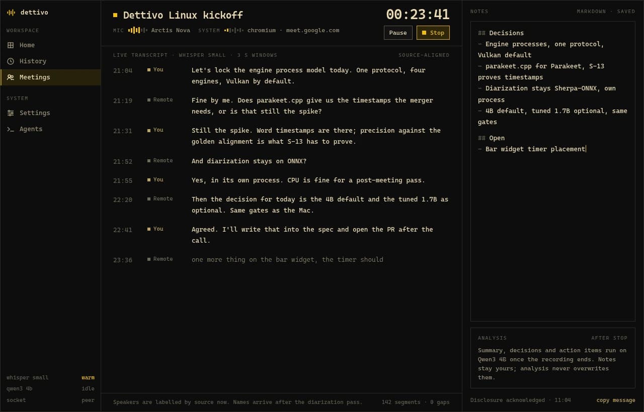 A live meeting: both audio meters, the running transcript by side, and Markdown notes