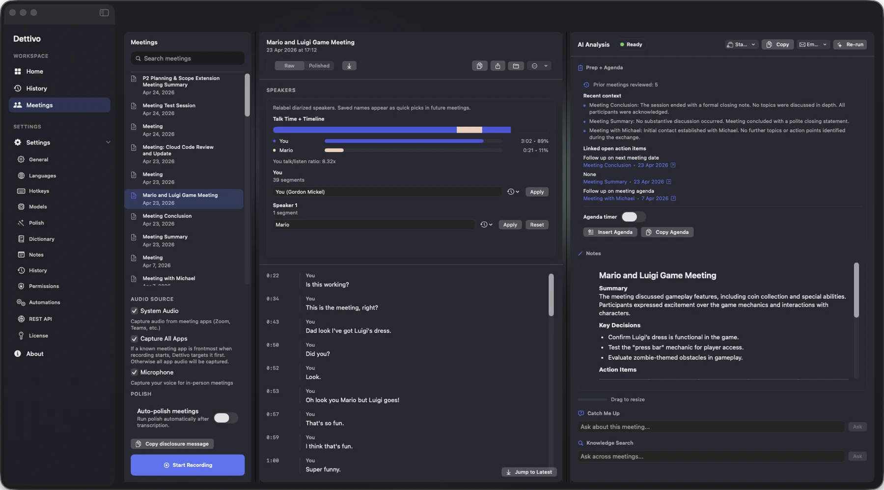 Dettivo Meetings workspace: sidebar, meeting list, speaker relabel + talk-time timeline, live transcript, and the AI Analysis panel with summary, prep agenda, action items, and Catch Me Up / Knowledge Search.
