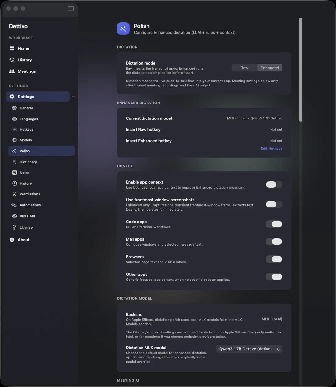 Dettivo Settings › Polish pane: Raw/Enhanced mode toggle, Enhanced dictation model selection, app-context capture toggles (frontmost window screenshots, IDE apps, mail apps), system profile, translation, and dictation model.